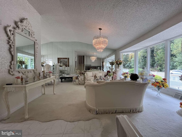 unfurnished living room with lofted ceiling, a textured ceiling, a chandelier, and carpet flooring