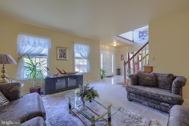 living room with light carpet