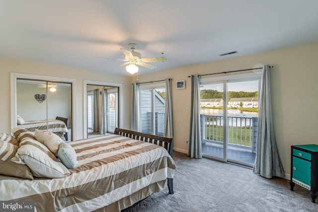 bedroom featuring access to exterior, carpet floors, and ceiling fan