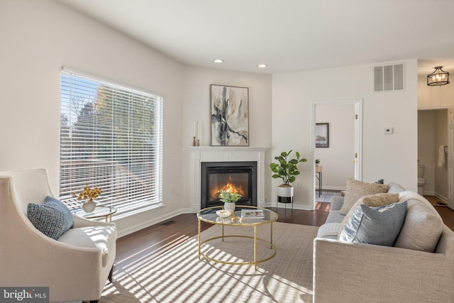 living room featuring a wealth of natural light and dark hardwood / wood-style flooring