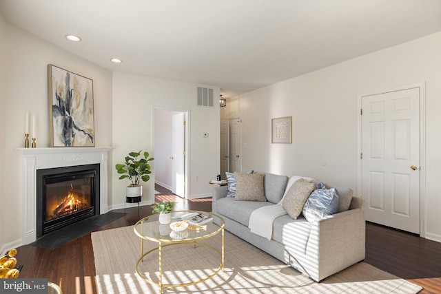 living room with dark wood-type flooring