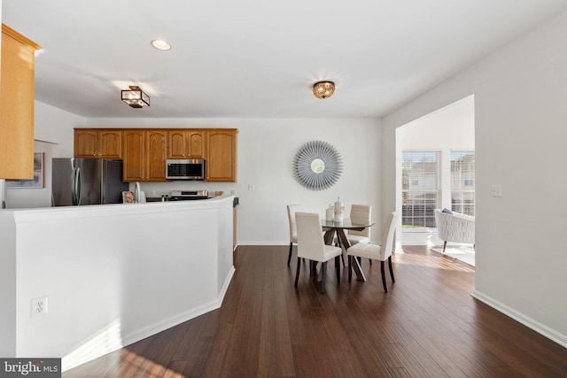 kitchen with kitchen peninsula, dark hardwood / wood-style floors, and appliances with stainless steel finishes