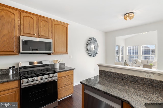 kitchen featuring dark stone counters, dark hardwood / wood-style flooring, and appliances with stainless steel finishes