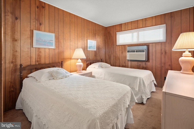 bedroom featuring carpet flooring and wooden walls