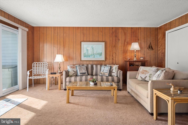 living room with wooden walls, a textured ceiling, and carpet