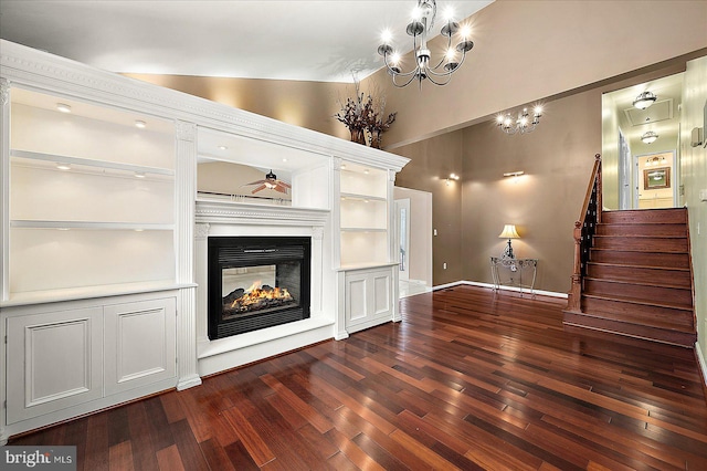 unfurnished living room with a multi sided fireplace, high vaulted ceiling, ceiling fan, and dark wood-type flooring