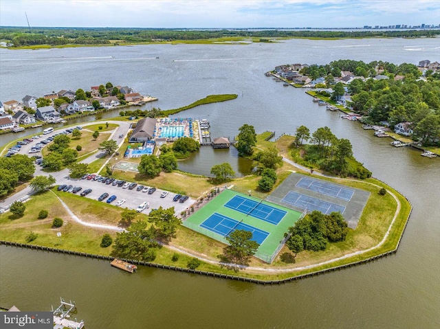 drone / aerial view with a water view