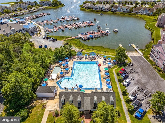 drone / aerial view with a water view