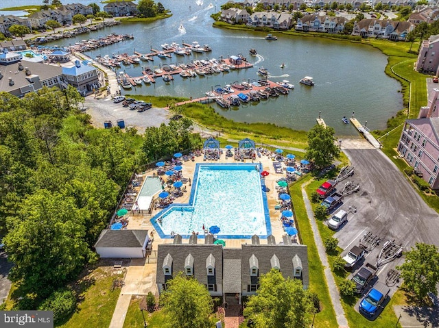 39 Admiral Ave, Ocean Pines, MD 21811 - bird's eye view of numerous boat docks, a large body of water, and a pool