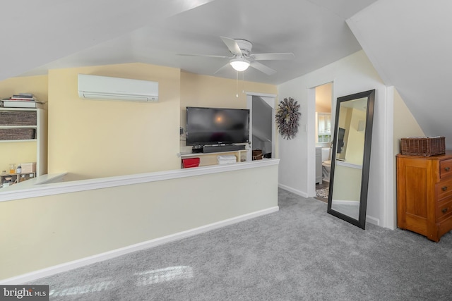 living room with light carpet, a wall unit AC, and lofted ceiling