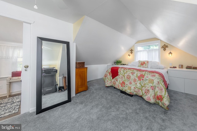 bedroom with lofted ceiling, carpet flooring, and ceiling fan