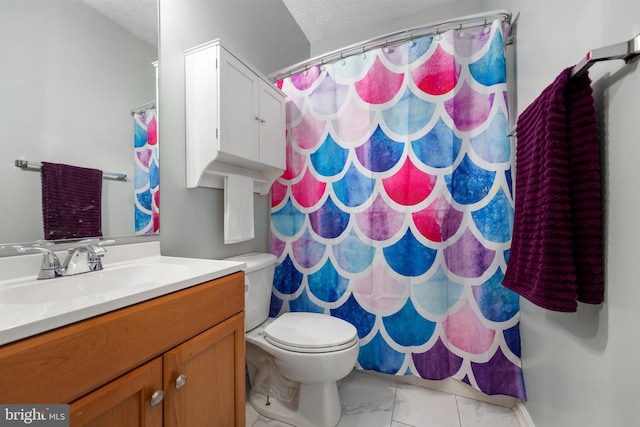 bathroom with toilet, vanity, and a textured ceiling