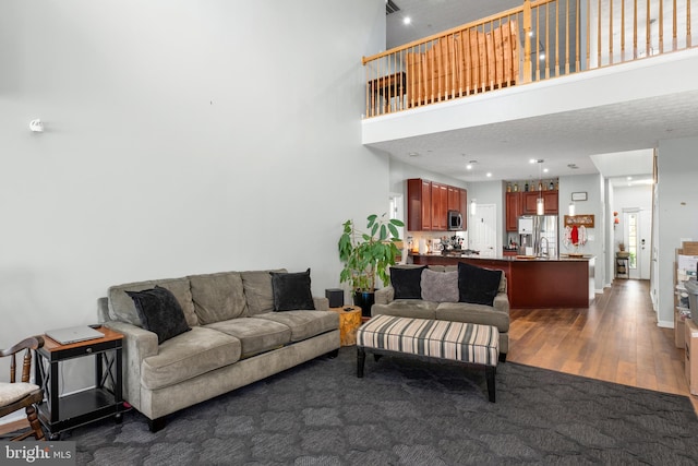 living room with dark hardwood / wood-style floors and a towering ceiling