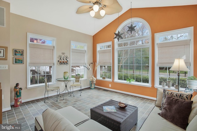 living room featuring ceiling fan, high vaulted ceiling, and plenty of natural light