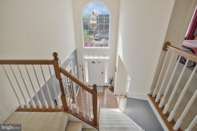 foyer entrance with a high ceiling, a notable chandelier, and hardwood / wood-style flooring