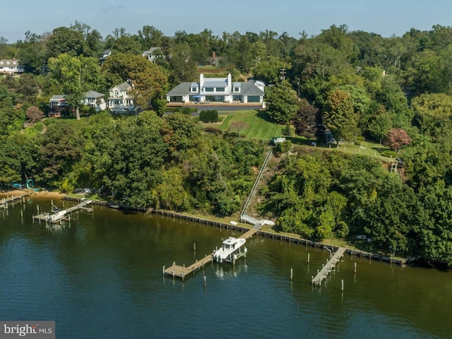 drone / aerial view featuring a view of trees and a water view