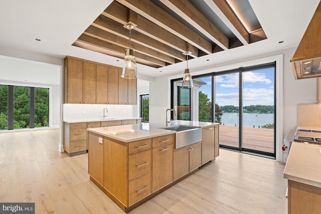 kitchen with a sink, light wood-style flooring, and light countertops