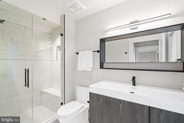 full bath with vanity, a shower stall, toilet, and visible vents