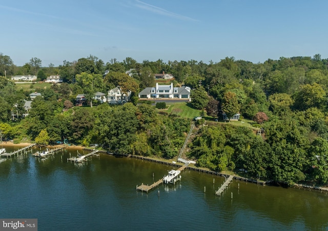 birds eye view of property with a wooded view and a water view