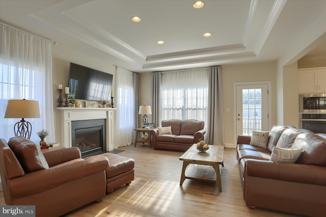 living room with ornamental molding, a tray ceiling, and light hardwood / wood-style floors