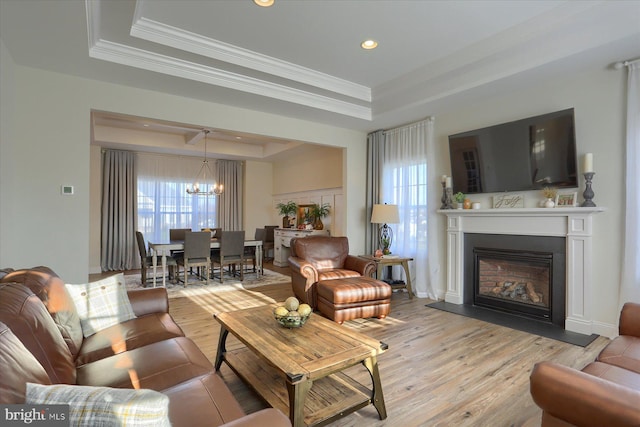 living room with light hardwood / wood-style floors, a healthy amount of sunlight, and a raised ceiling