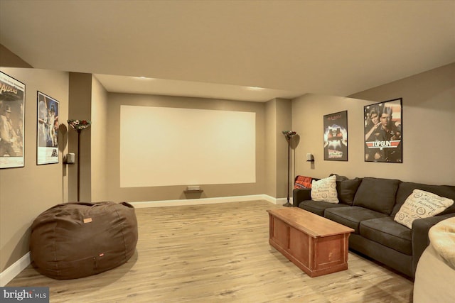 home theater room with light wood-type flooring