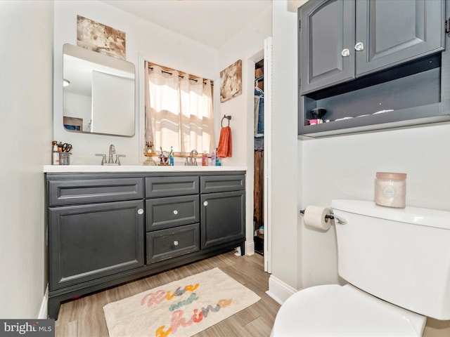 bathroom featuring vanity, wood-type flooring, and toilet