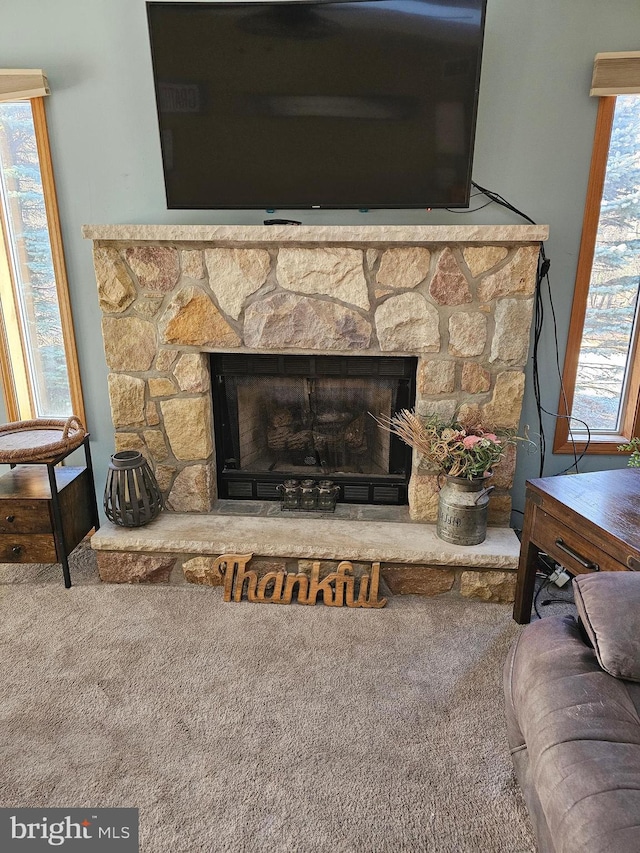 room details featuring a stone fireplace and carpet flooring