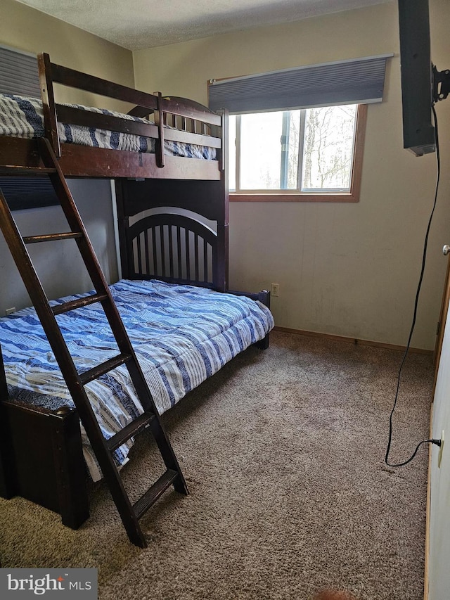 bedroom with a textured ceiling and carpet floors