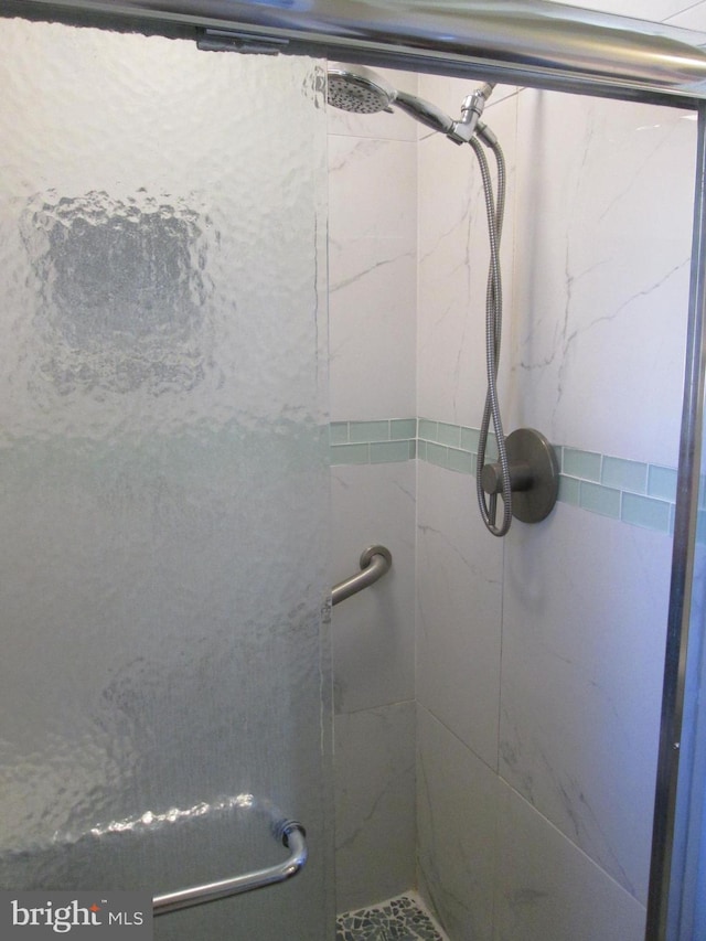 bathroom featuring a shower with shower door