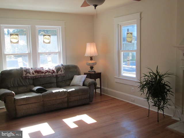 living room with wood-type flooring and ceiling fan