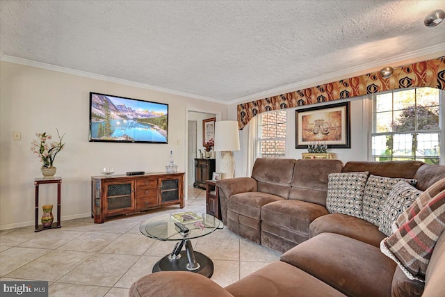 tiled living room with crown molding and a textured ceiling