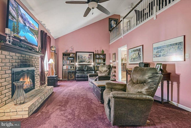 carpeted living room with a fireplace, high vaulted ceiling, and ceiling fan