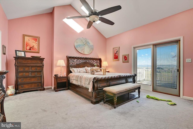 bedroom with carpet, access to outside, high vaulted ceiling, and ceiling fan