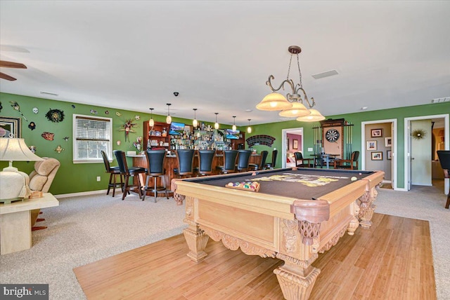 recreation room featuring light carpet, ceiling fan, and pool table