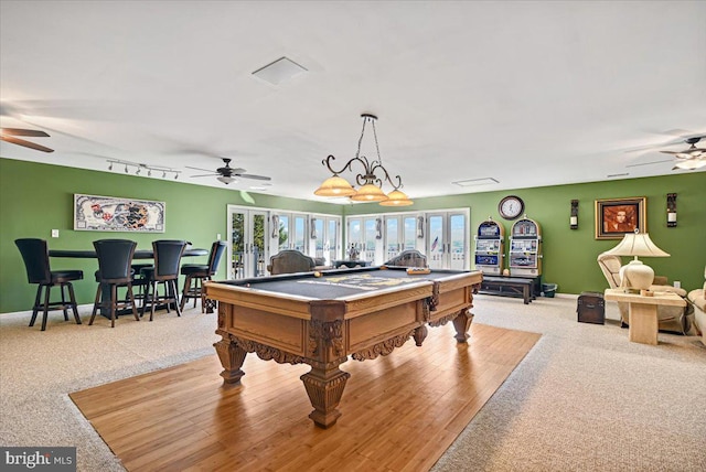 playroom featuring ceiling fan, light hardwood / wood-style floors, and billiards