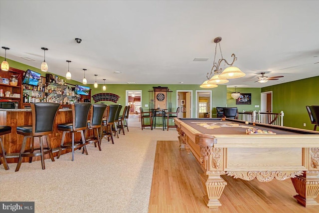 playroom featuring light hardwood / wood-style floors, ceiling fan, and billiards