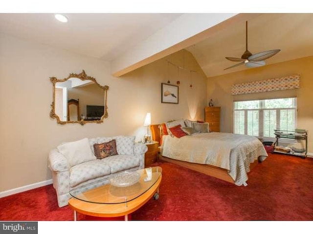 carpeted bedroom featuring vaulted ceiling with beams and ceiling fan