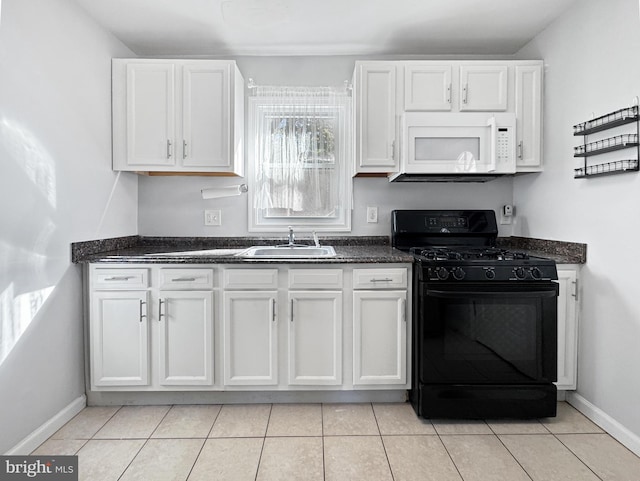 kitchen featuring white cabinetry, sink, black gas range, and light tile patterned floors