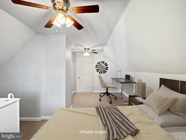 bedroom with lofted ceiling, carpet flooring, and ceiling fan