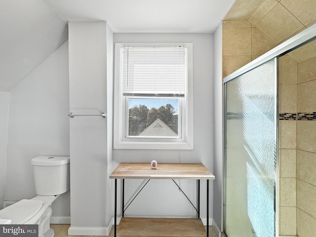 bathroom with lofted ceiling, wood-type flooring, toilet, and walk in shower