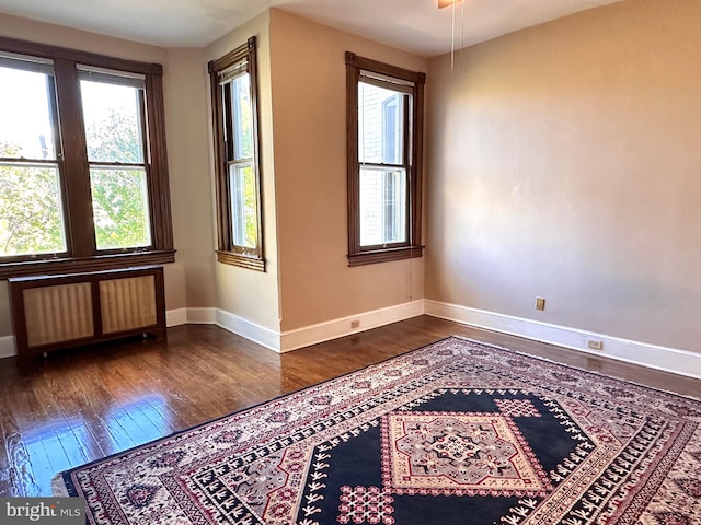 spare room with radiator heating unit and dark hardwood / wood-style floors