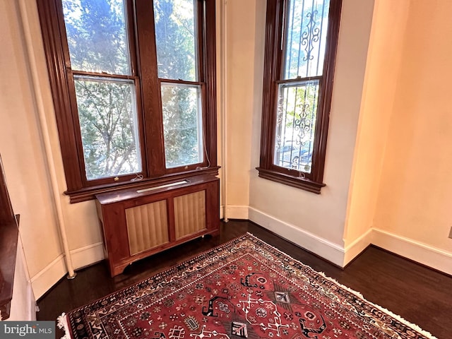unfurnished room with radiator heating unit, dark wood-style flooring, and baseboards