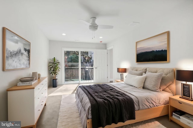 bedroom with ceiling fan, access to exterior, and light colored carpet