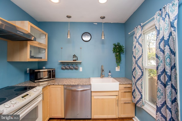 57 N Franklin St, Lambertville, NJ 08530 - kitchen with a sink, stainless steel appliances, pendant lighting, ventilation hood, and light stone counters