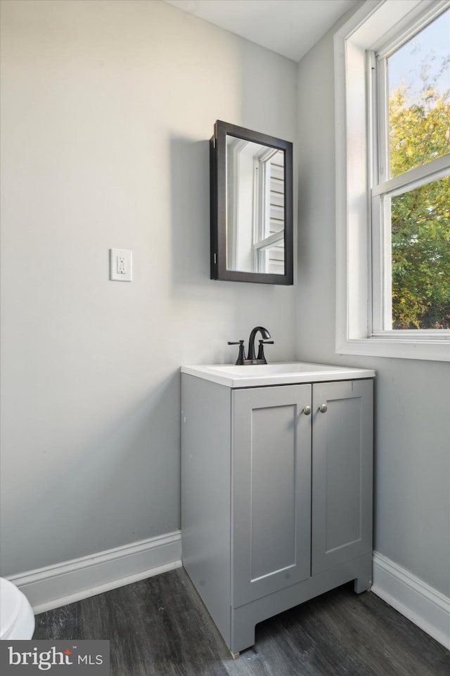 bathroom with vanity, wood-type flooring, and toilet