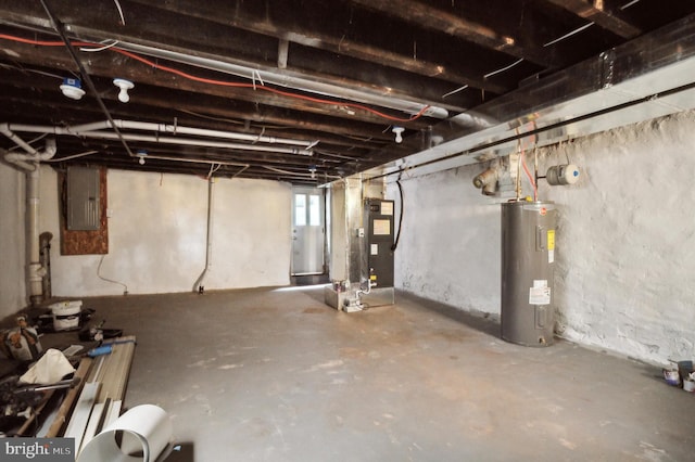 basement with electric panel and electric water heater