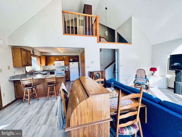 living room featuring light hardwood / wood-style flooring, high vaulted ceiling, and sink