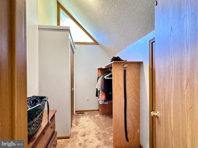 spacious closet featuring lofted ceiling and light colored carpet