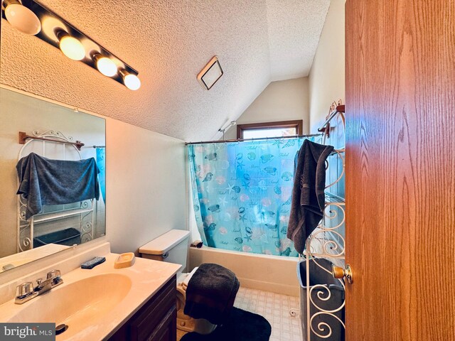 full bathroom featuring lofted ceiling, toilet, shower / tub combo, vanity, and a textured ceiling